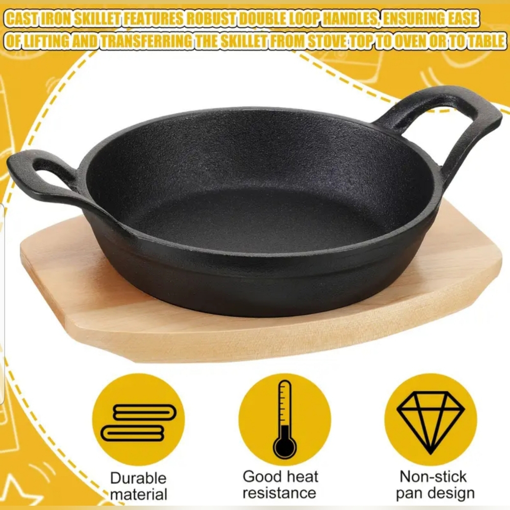 1 Double Handle Cast Iron Skillet & Wooden Tray Set - NWOB - Picture 2 of 10